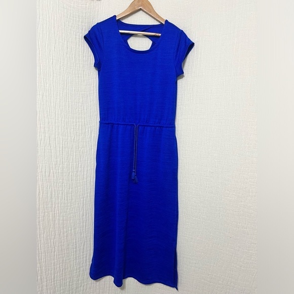 T By Talbots Royal Blue Cap Sleeve Scoop Neck Knit Maxi Dress Pockets Size S - Picture 2 of 7